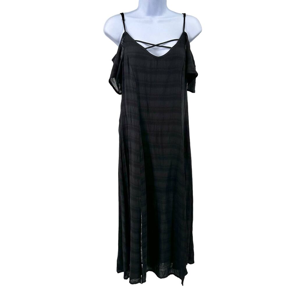 Wander Lux Criss Cross Deep V-Neck Maxi Dress Women's S Black Off Shoulder Slit